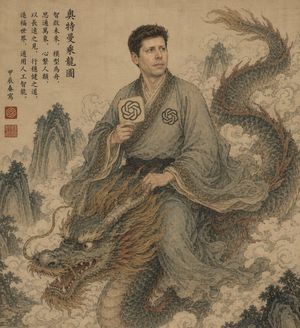 Ancient Scroll Scholar Riding Dragon