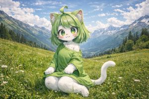 Anime Cat-Girl in Realistic Alpine Meadow
