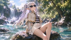 Anime Elf Girl Relaxing in a Forest River