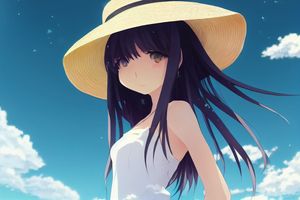 Anime Girl in Straw Hat Under Blue Sky