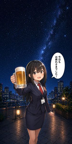 Anime Office Lady Beer Toast at Night