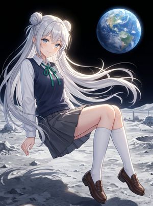 Anime Schoolgirl Floating on the Moon