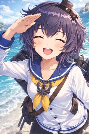 Anime Ship Girl Saluting on Beach