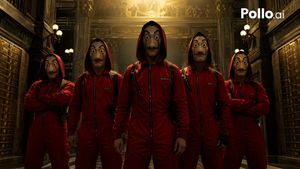 Cinematic Red Heist Team in Bank