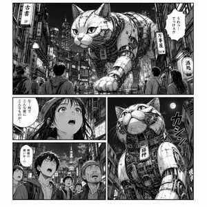 Cyberpunk Manga Page of a Giant Robot Cat