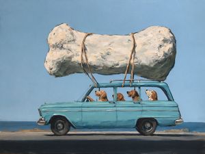 Dogs Carrying Giant Bone by the Sea