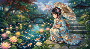 Dreamy Kimono Woman by a Koi Pond