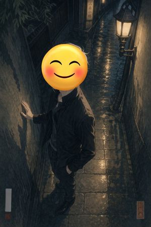 Emoji-Faced Figure in Wet Night Alley