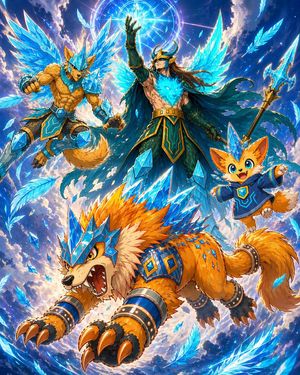 Epic Anime Warrior with Crystal Wolf Companions