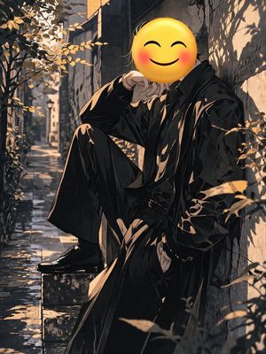 Figure with Emoji Head in Sunlit Alley