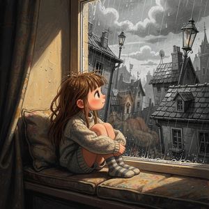 Girl on Window Seat in Rain
