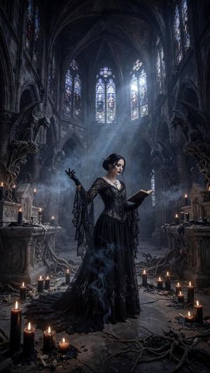 Gothic Sorceress in Ruined Cathedral