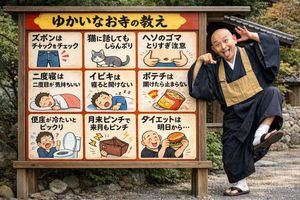 Humorous Temple Signboard with Goofy Monk