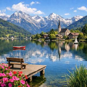 Idyllic Alpine Lake Village Landscape