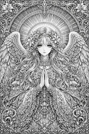 Intricate Monochrome Angel Line Art