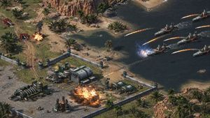 Isometric Coastal Base Under Naval Attack