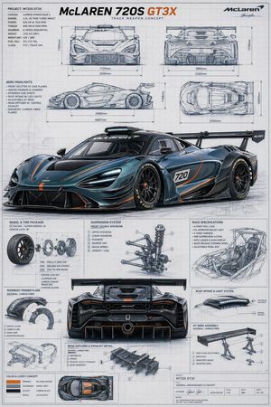 McLaren GT3X Technical Blueprint Poster