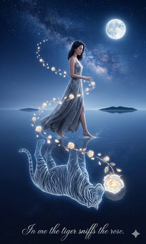 Moonlit Tiger and Rose Fantasy Poster