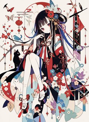 Ornamental Kimono Girl with Cats