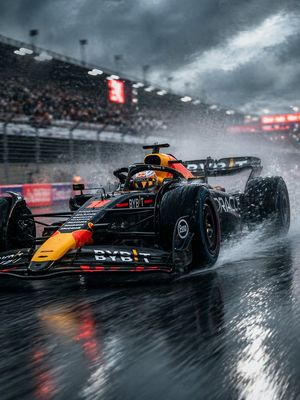 Rain-Soaked Formula Race Car Action