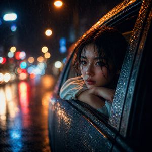 Rainy Night Woman Leaning from Car