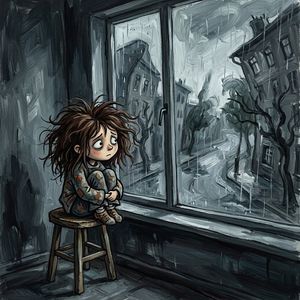 Sad Child by Rainy Window