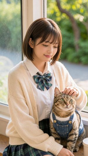 Schoolgirl With Cat by Sunlit Window
