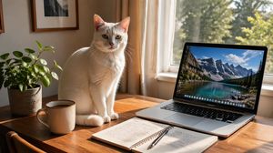 Sunlit Desk with White Cat and Laptop