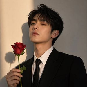 Sunlit Suit Portrait With Red Rose