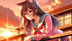Sunset Catgirl School Rooftop Anime