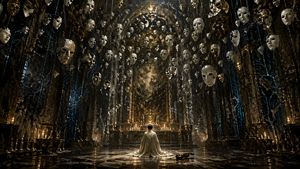 Surreal Gothic Hall with Floating Masks