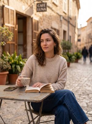 Woman Reading at European Street Café